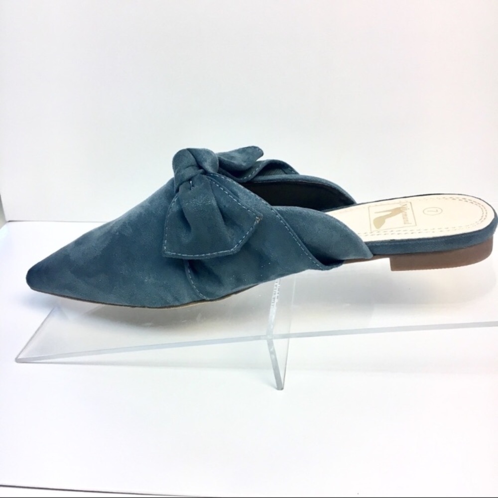 Venetian Teal Bow Mules In Faux Suede - Picture 2 of 8